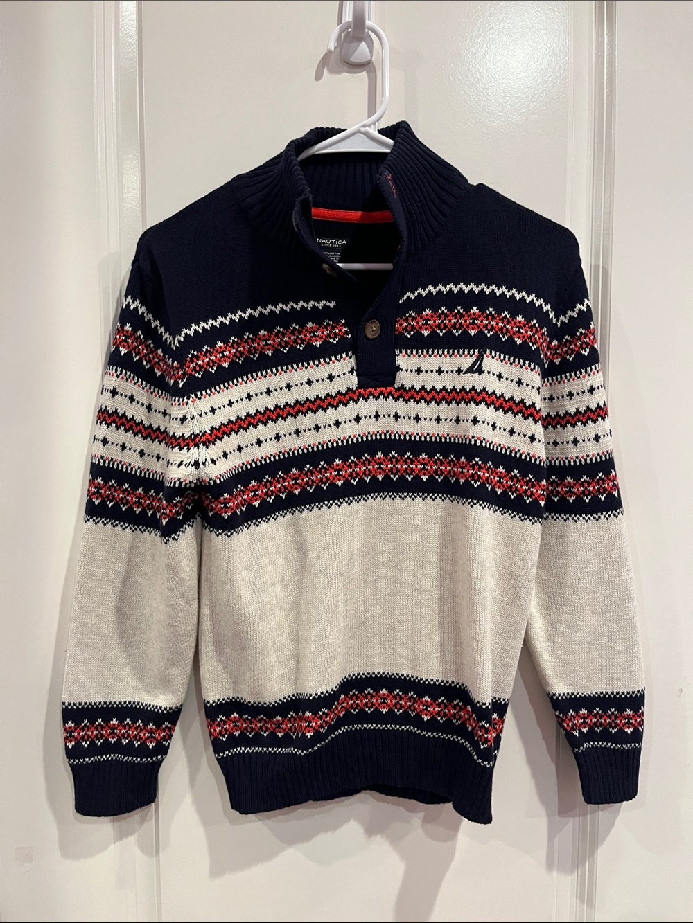 Nautica Navy, Cream & Red Fair Isle Button Sweater Size M